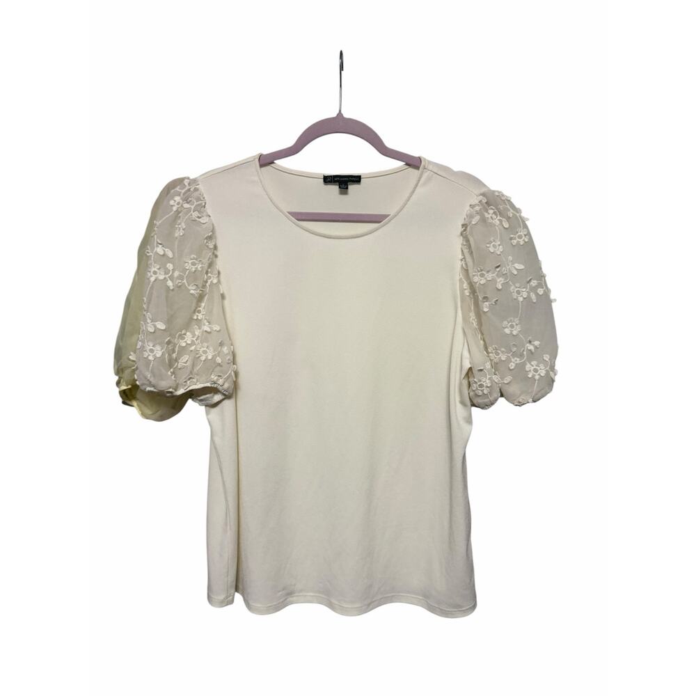 Adrianna Papell Puff Sleeve Top Bundle Black & Ivory Floral Mesh L cottagecore